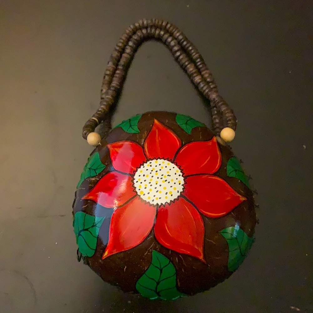 Handmade, hand painted coconut shell wristlet
